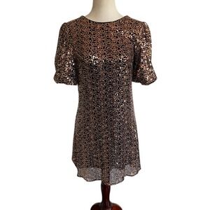 Eliza J Black W/ Rose Gold Sequins Puff Sleeve Elegant Party Mini Dress - 10 EUC